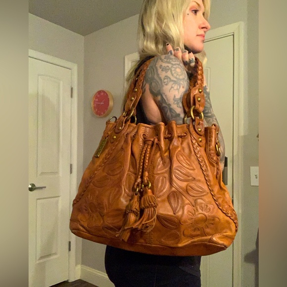 Rare LOCKHEART Braidy Bunch Bag Floral Embroidered Leather Camel Boho Vintage - Picture 4 of 8